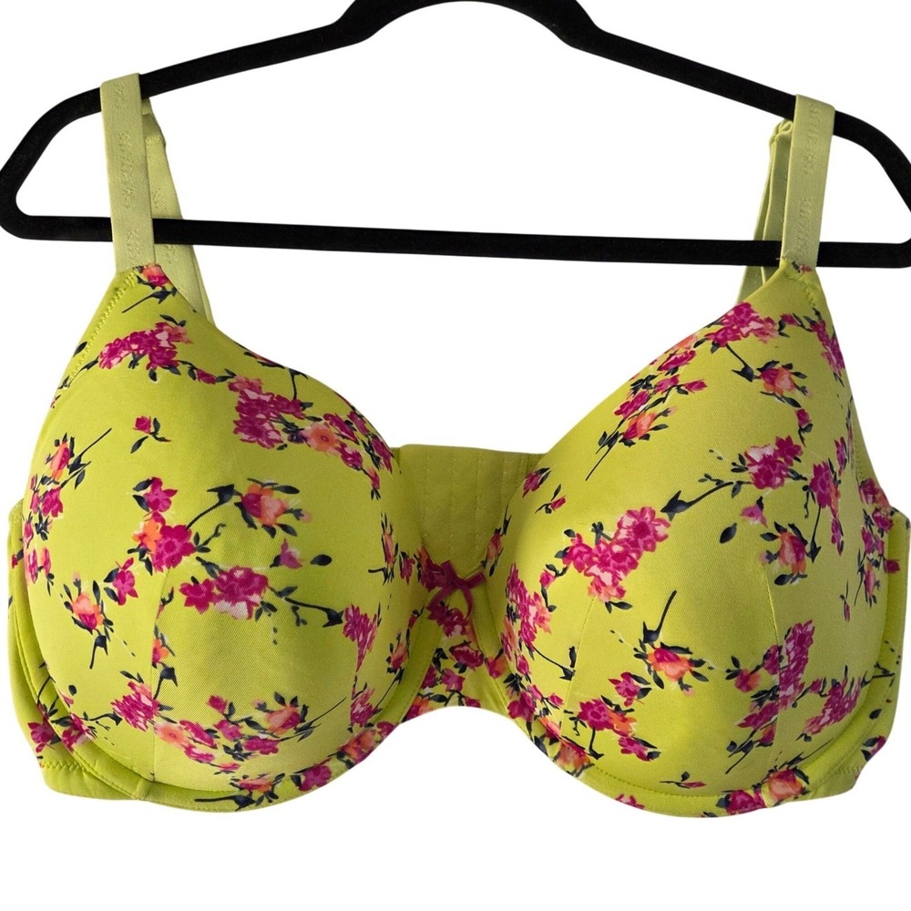 Cacique‎ 42F Floral T Shirt Bra Underwire Full Coverage Lime Pink Plus Size